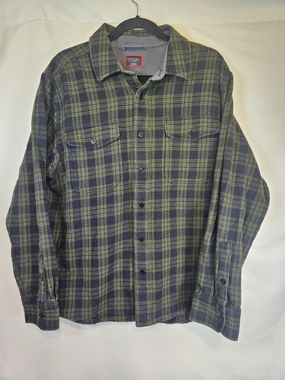 UNTUCKit Men's Olive Green and Navy Plaid Button-Down Shirt